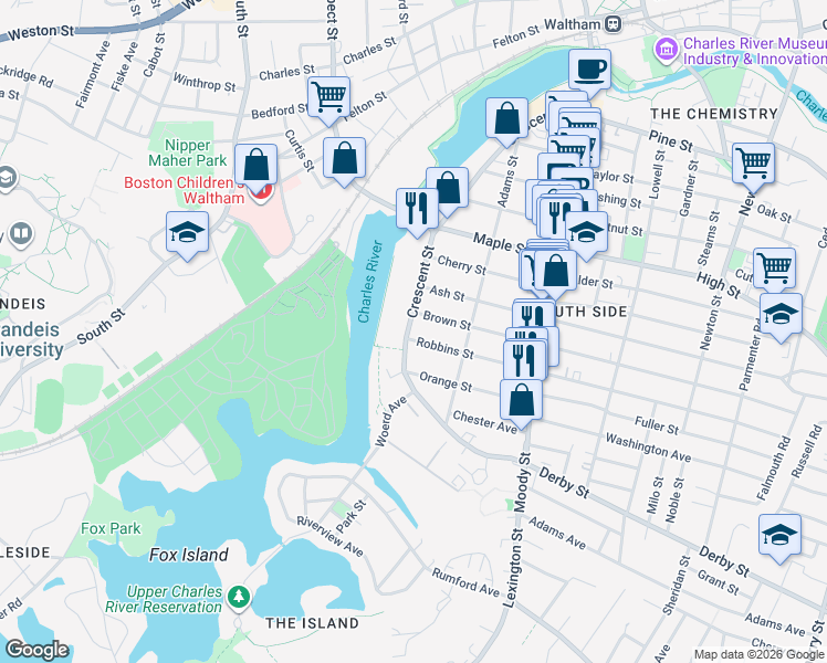 map of restaurants, bars, coffee shops, grocery stores, and more near 241 Crescent Street in Waltham