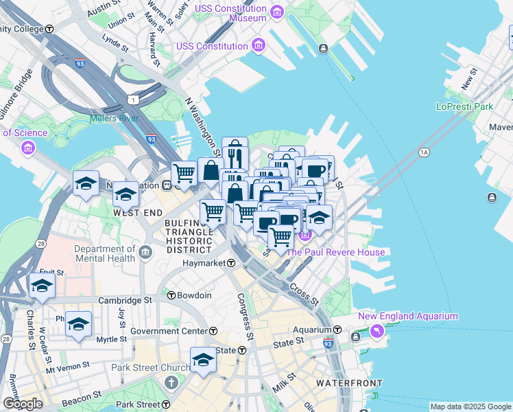 map of restaurants, bars, coffee shops, grocery stores, and more near N Margin St & Thacher St in Boston