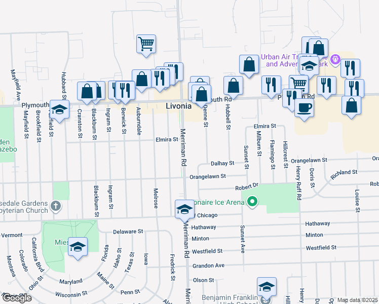 map of restaurants, bars, coffee shops, grocery stores, and more near 11018 Merriman Road in Livonia
