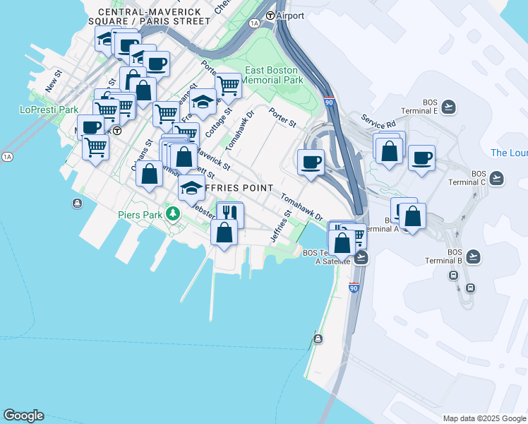 map of restaurants, bars, coffee shops, grocery stores, and more near 206 Everett Street in Boston