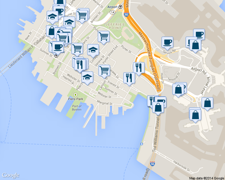 map of restaurants, bars, coffee shops, grocery stores, and more near 206 Everett Street in Boston