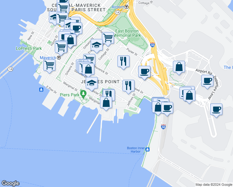 map of restaurants, bars, coffee shops, grocery stores, and more near 206 Everett Street in Boston