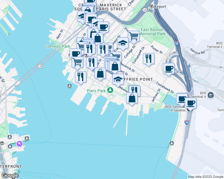 map of restaurants, bars, coffee shops, grocery stores, and more near 141 Webster Street in Boston