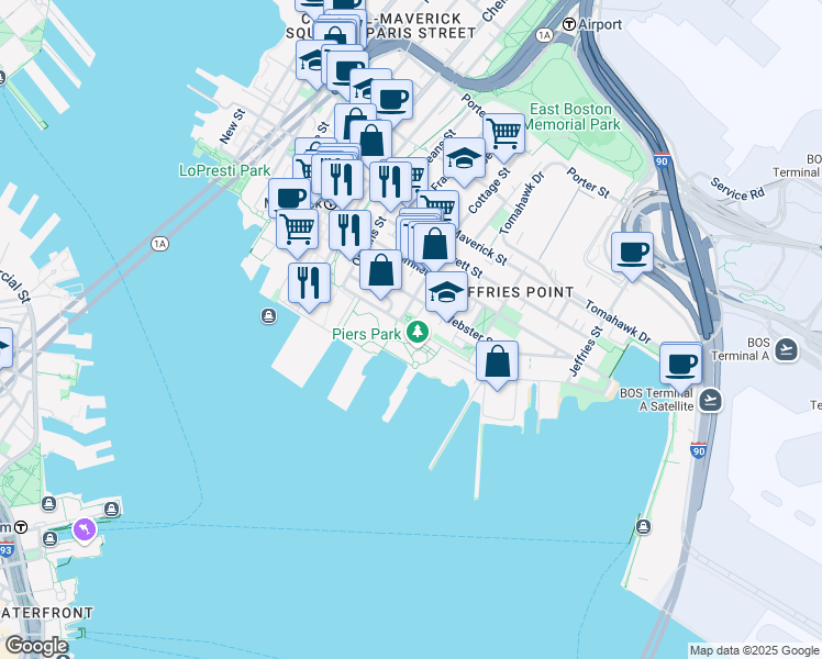 map of restaurants, bars, coffee shops, grocery stores, and more near 110A Marginal Street in Boston