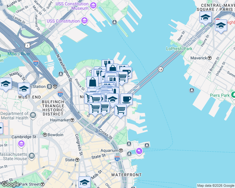 map of restaurants, bars, coffee shops, grocery stores, and more near 7 Powers Court in Boston