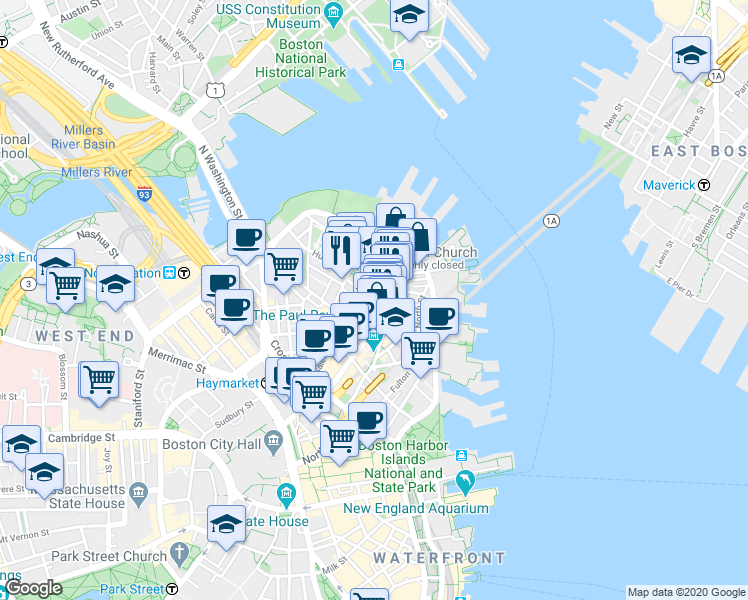 map of restaurants, bars, coffee shops, grocery stores, and more near 4 Charter Street in Boston