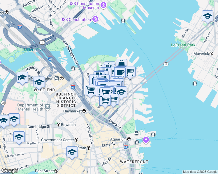 map of restaurants, bars, coffee shops, grocery stores, and more near in Boston