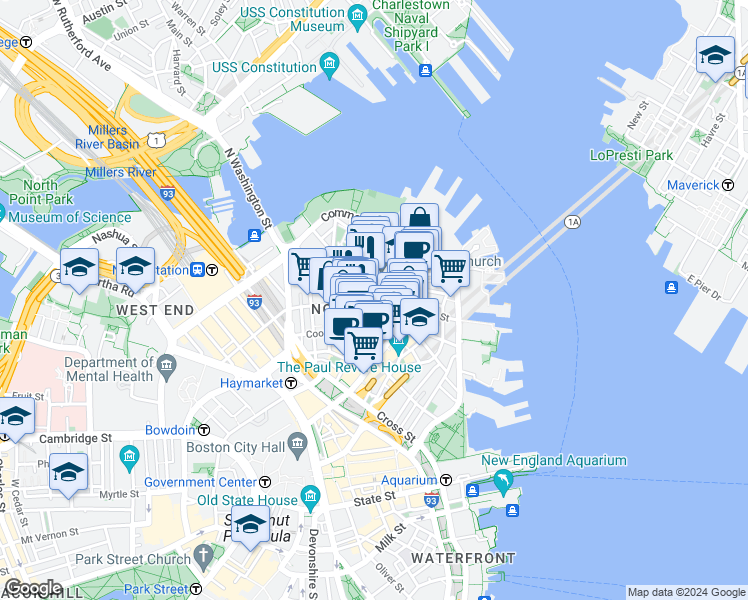 map of restaurants, bars, coffee shops, grocery stores, and more near in Boston