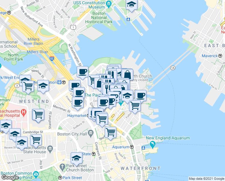 map of restaurants, bars, coffee shops, grocery stores, and more near in Boston