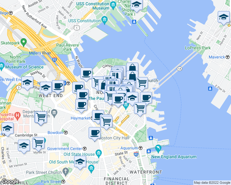 map of restaurants, bars, coffee shops, grocery stores, and more near in Boston