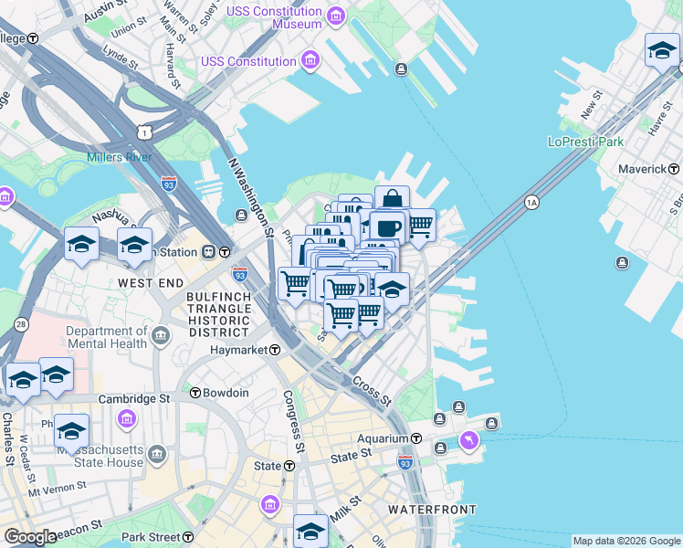 map of restaurants, bars, coffee shops, grocery stores, and more near in Boston