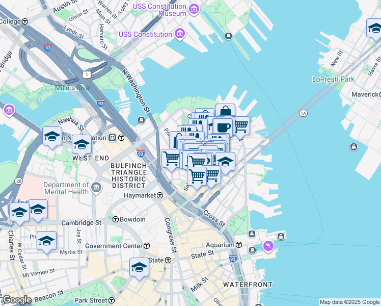 map of restaurants, bars, coffee shops, grocery stores, and more near in Boston