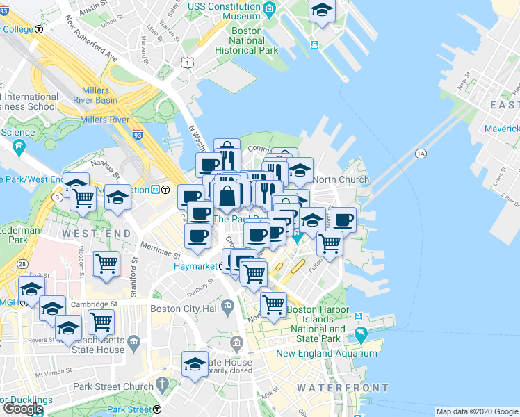map of restaurants, bars, coffee shops, grocery stores, and more near 3 Snow Hill Street in Boston