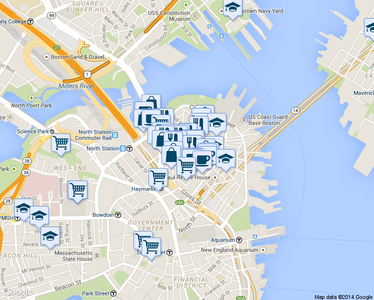 map of restaurants, bars, coffee shops, grocery stores, and more near 3 Snow Hill Street in Boston