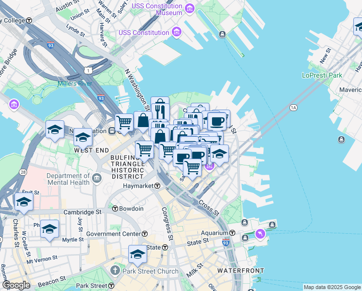 map of restaurants, bars, coffee shops, grocery stores, and more near 3 Snow Hill Street in Boston