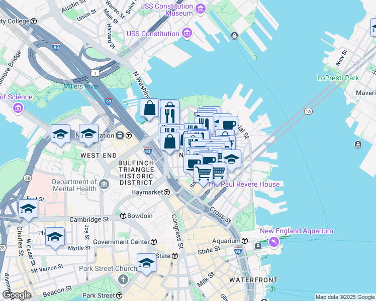 map of restaurants, bars, coffee shops, grocery stores, and more near 3 Snow Hill Street in Boston