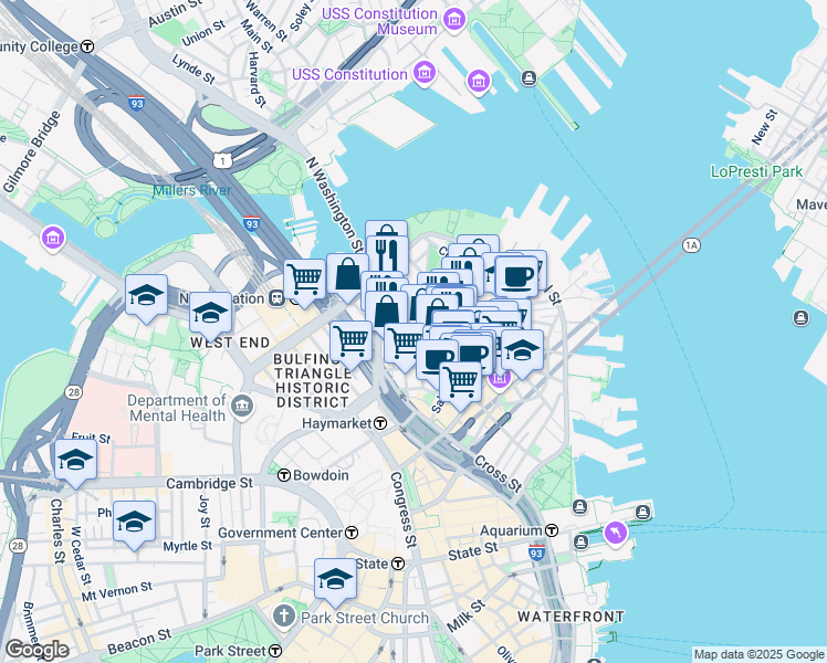map of restaurants, bars, coffee shops, grocery stores, and more near 3 Snow Hill Street in Boston