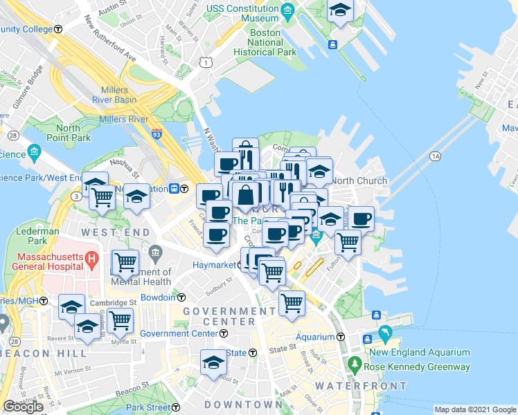 map of restaurants, bars, coffee shops, grocery stores, and more near 3 Snow Hill Street in Boston