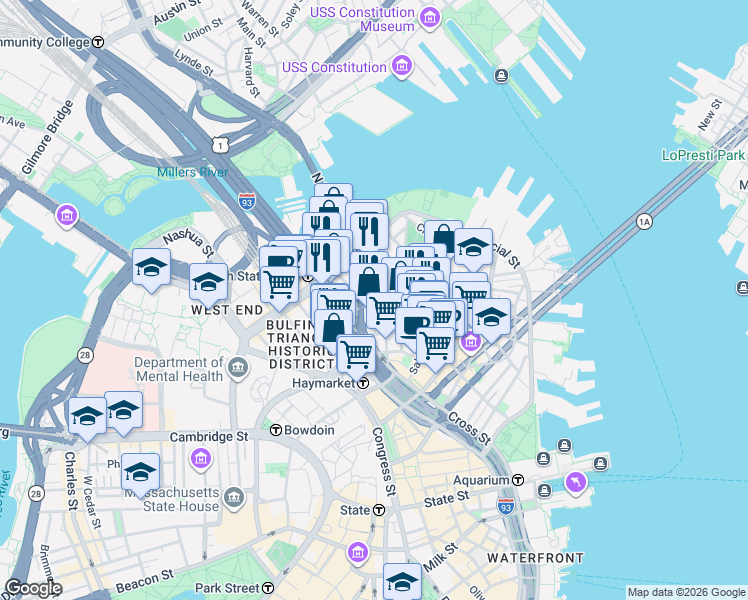 map of restaurants, bars, coffee shops, grocery stores, and more near 7 Endicott Court in Boston
