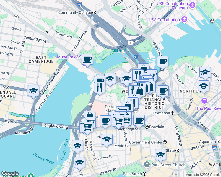 map of restaurants, bars, coffee shops, grocery stores, and more near 5 Whittier Place in Boston