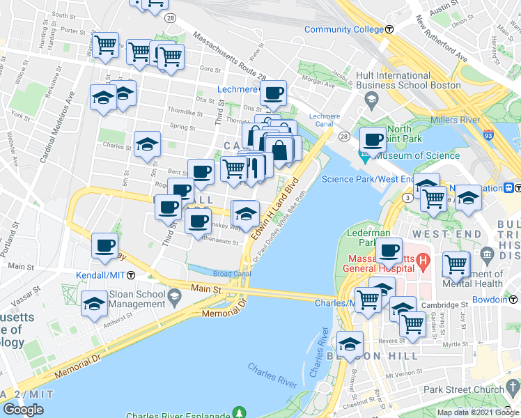 map of restaurants, bars, coffee shops, grocery stores, and more near 10 Rogers Street in Cambridge