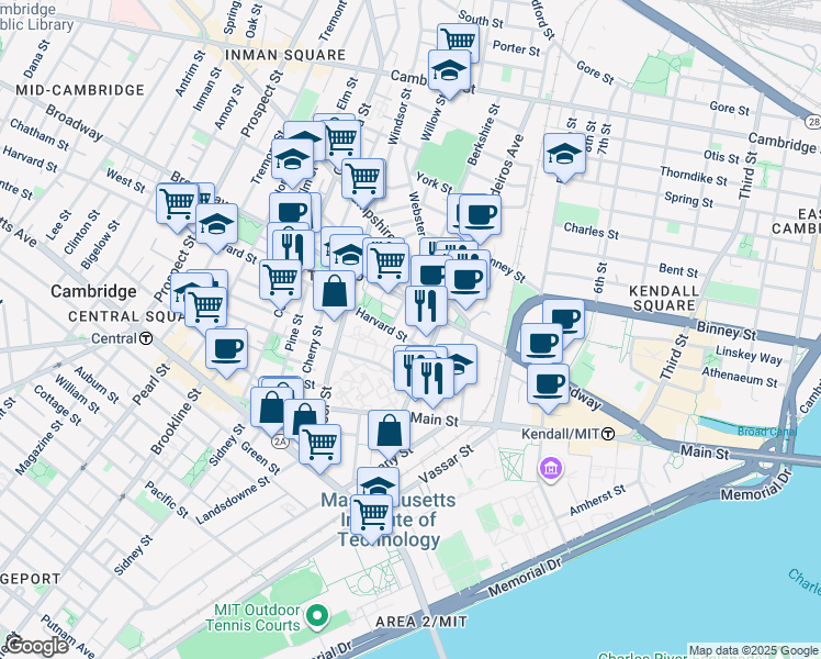 map of restaurants, bars, coffee shops, grocery stores, and more near 89 Moore Street in Cambridge