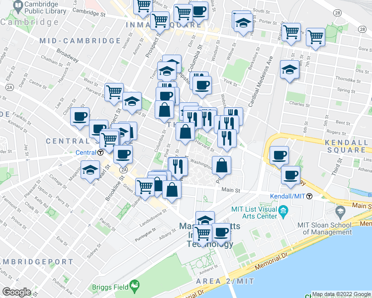 map of restaurants, bars, coffee shops, grocery stores, and more near 8 Harvard Street in Cambridge