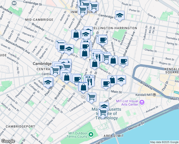 map of restaurants, bars, coffee shops, grocery stores, and more near 151R Cherry Street in Cambridge