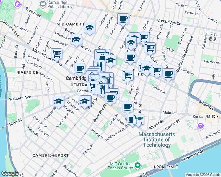 map of restaurants, bars, coffee shops, grocery stores, and more near 5 Ashburton Place in Cambridge
