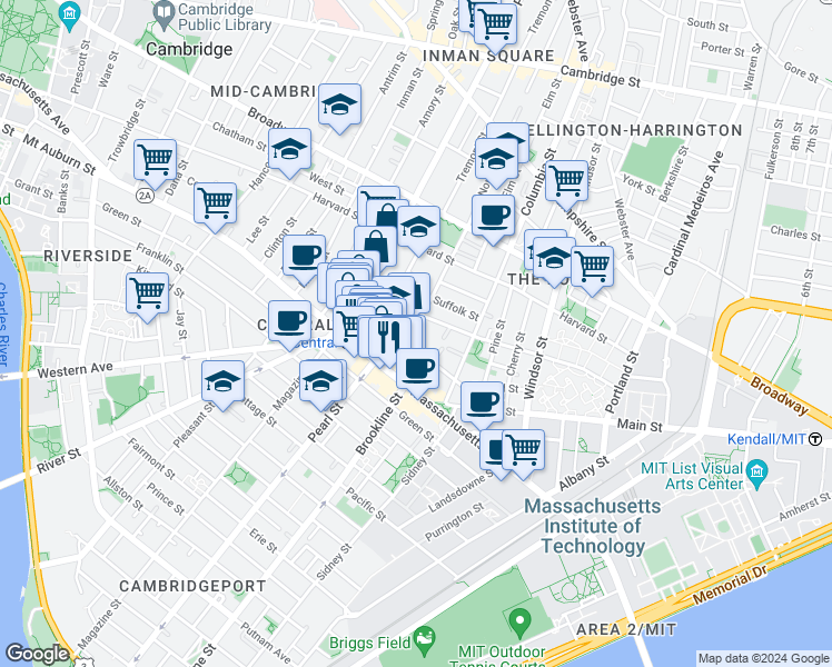 map of restaurants, bars, coffee shops, grocery stores, and more near 5 Ashburton Place in Cambridge