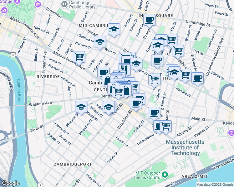 map of restaurants, bars, coffee shops, grocery stores, and more near in Cambridge