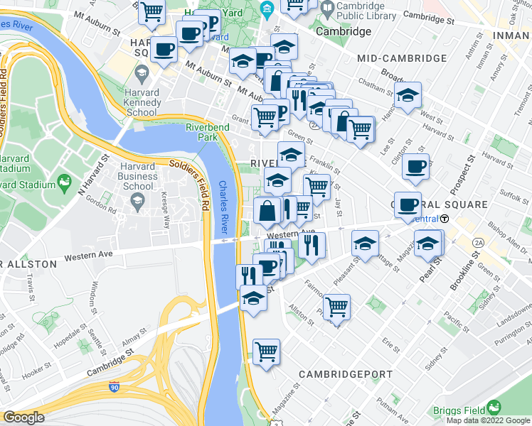 map of restaurants, bars, coffee shops, grocery stores, and more near 31 Peabody Terrace in Cambridge