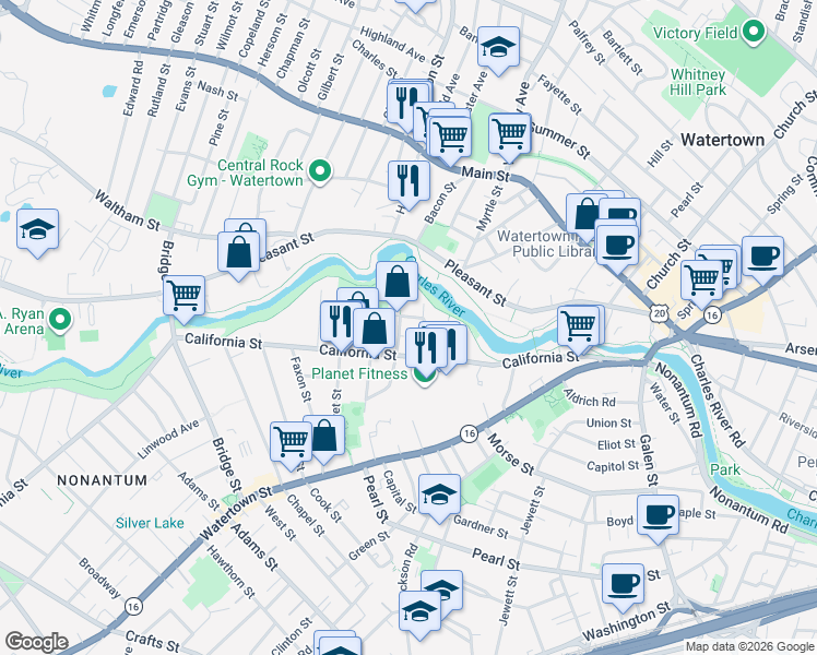 map of restaurants, bars, coffee shops, grocery stores, and more near 30 Riverdale Avenue in Newton