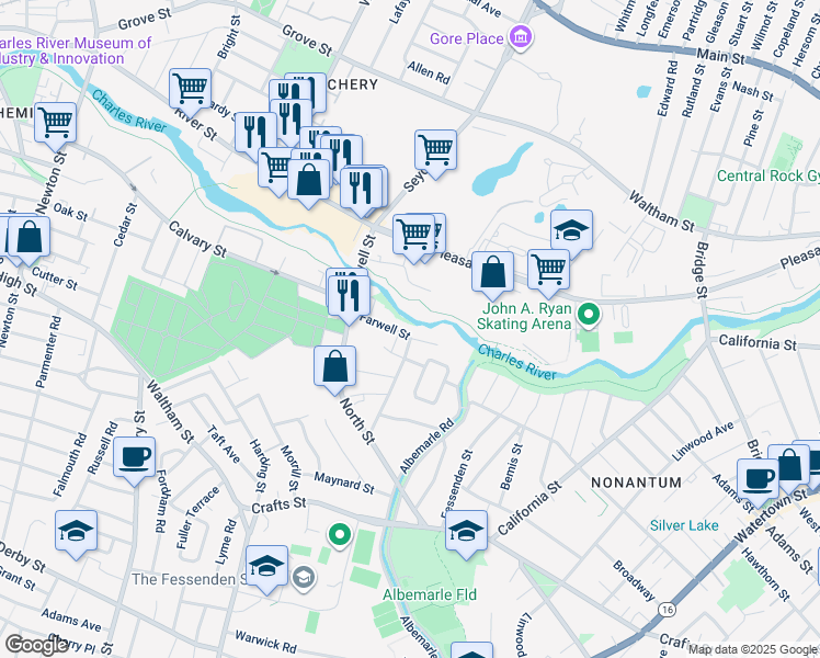 map of restaurants, bars, coffee shops, grocery stores, and more near 54 Farwell Street in Newton