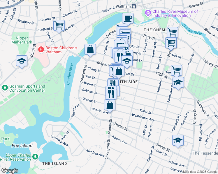 map of restaurants, bars, coffee shops, grocery stores, and more near 77 Ash Street in Waltham