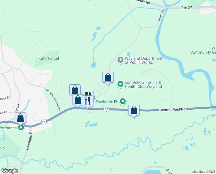 map of restaurants, bars, coffee shops, grocery stores, and more near 111 River Road in Sudbury