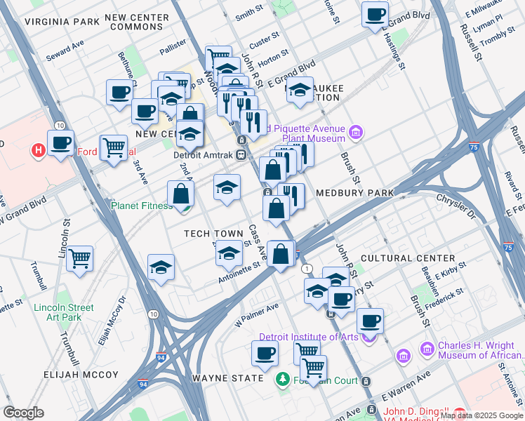 map of restaurants, bars, coffee shops, grocery stores, and more near 6135 Woodward Avenue in Detroit