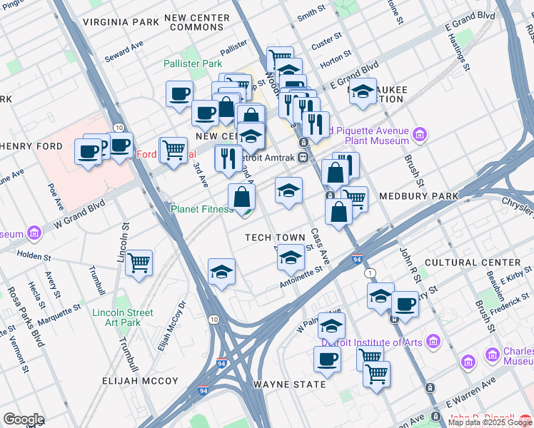 map of restaurants, bars, coffee shops, grocery stores, and more near 6200 2nd Avenue in Detroit