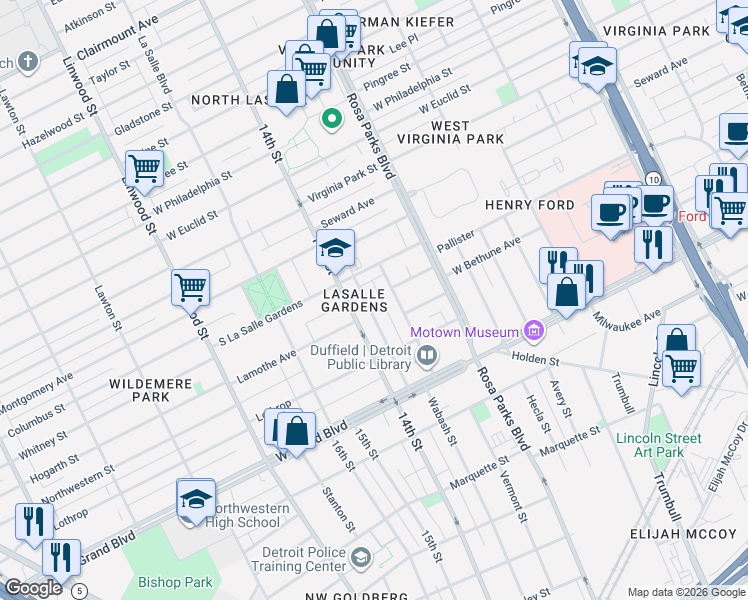 map of restaurants, bars, coffee shops, grocery stores, and more near 7550 Hanover Avenue in Detroit