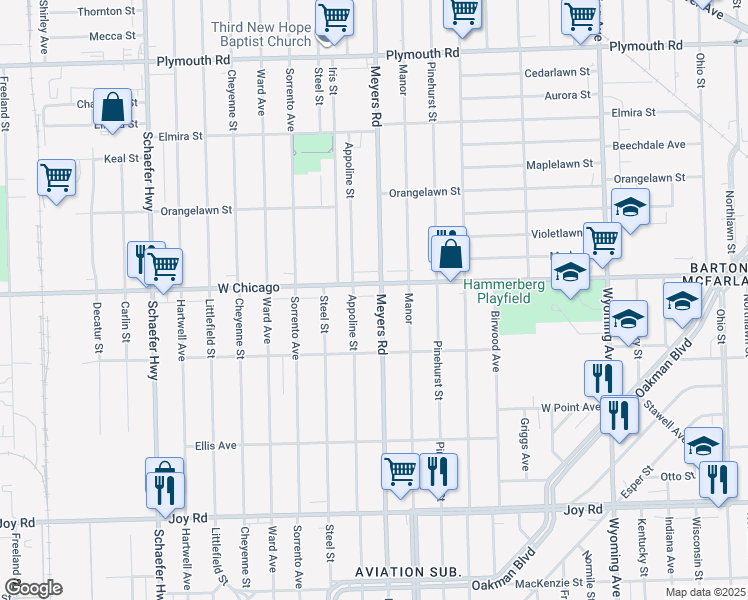 map of restaurants, bars, coffee shops, grocery stores, and more near 10824 West Chicago in Detroit