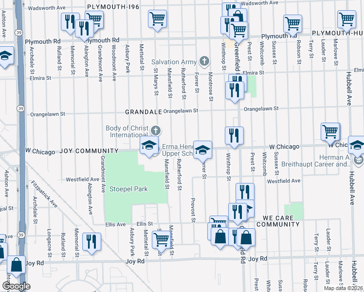 map of restaurants, bars, coffee shops, grocery stores, and more near 9541 Rutherford Street in Detroit