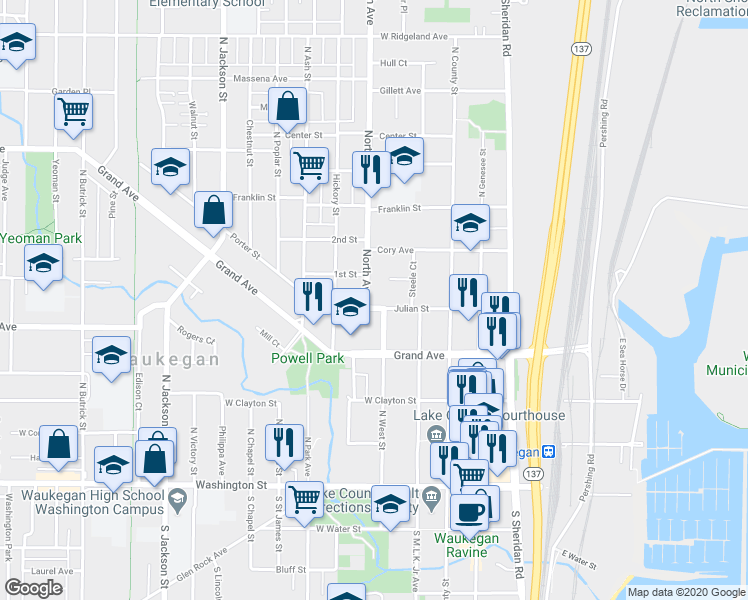 map of restaurants, bars, coffee shops, grocery stores, and more near 421 Lawn Court in Waukegan