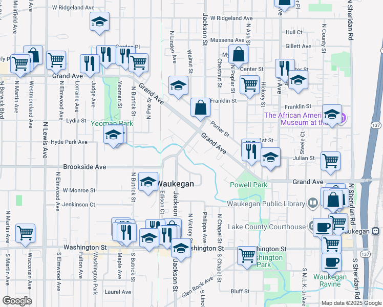 map of restaurants, bars, coffee shops, grocery stores, and more near 828 Low Avenue in Waukegan