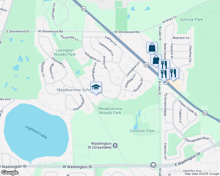 map of restaurants, bars, coffee shops, grocery stores, and more near 255 Penny Lane in Grayslake