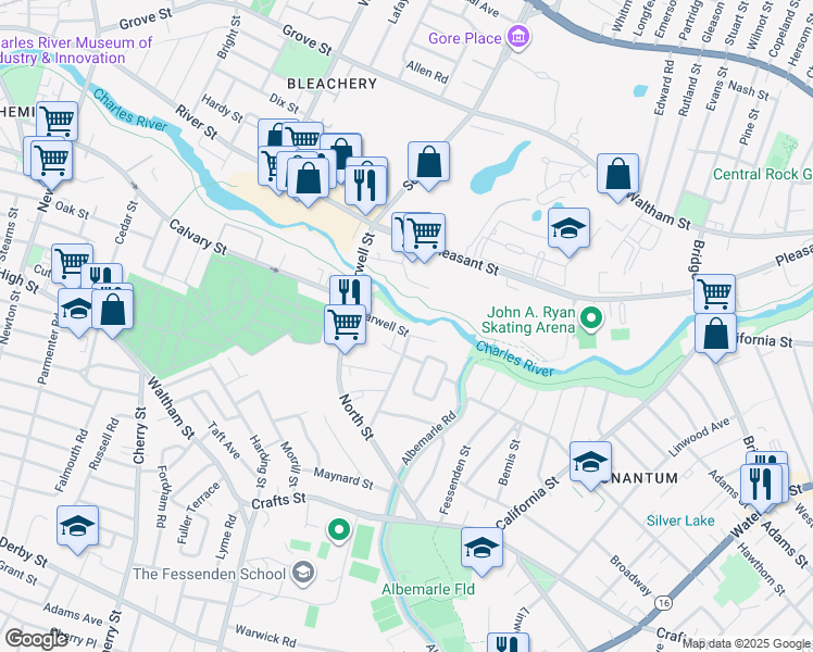 map of restaurants, bars, coffee shops, grocery stores, and more near 50 Farwell Street in Newton