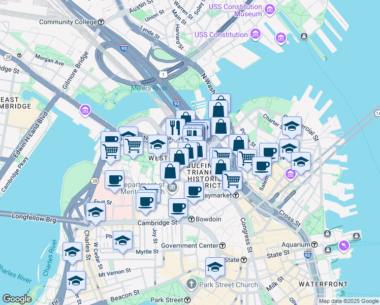 map of restaurants, bars, coffee shops, grocery stores, and more near 50 Causeway Street in Boston