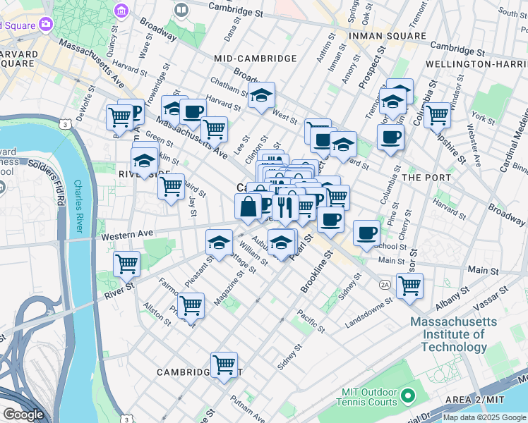 map of restaurants, bars, coffee shops, grocery stores, and more near 5 Western Avenue in Cambridge