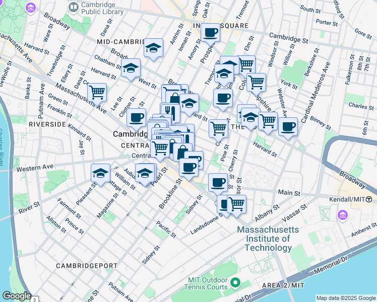 map of restaurants, bars, coffee shops, grocery stores, and more near 5 Ashburton Place in Cambridge
