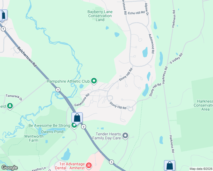 map of restaurants, bars, coffee shops, grocery stores, and more near 16 Emerson Court in Amherst
