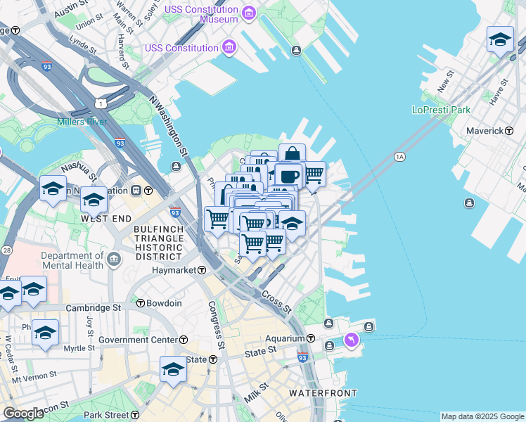 map of restaurants, bars, coffee shops, grocery stores, and more near 32 North Bennet Street in Boston